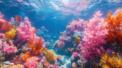 Vibrant coral reefs thrive beneath the crystal-clear waters  a kaleidoscope of colors in the unde