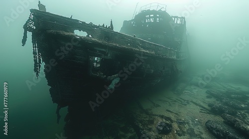 Through the depths, the ghostly outline of a medieval shipwreck emerges, a silent witness to bygo