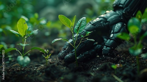 The sleek, reflective surfaces of mechanical hands gently support both soil and vibrant green see