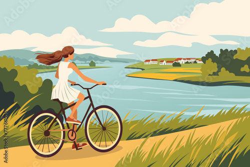 Girl on a bicycle. A young woman in a dress rides a bicycle along a village road along a river against the backdrop of a rural landscape of houses, hills, trees, fields, meadows and clouds.