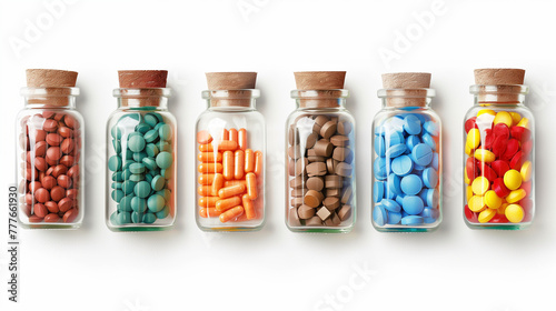 "Medicinal Spectrum" An array of colorful pills and capsules in glass bottles with cork stoppers, showcasing a variety of pharmaceuticals on a white backdrop.