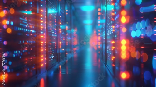 A computer server room with a blue background and orange lights