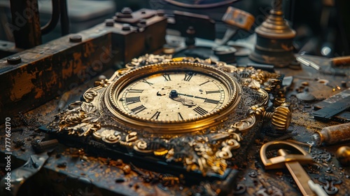 Detailed shot focusing on the careful restoration of antique clocks, showcasing the precision and