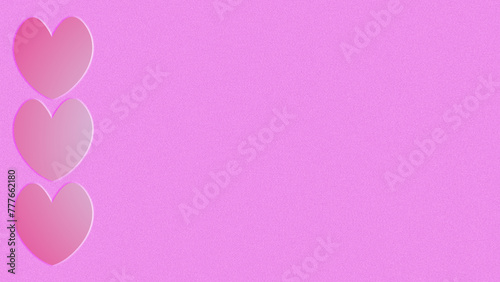 Papel de parede, fundo rosa, banner dia dos namorados, dia das mães, aniversário. Cor-de-rosa, fundo texturizado. Ilustração de três corações verticais à esquerda. Espaço para escrita. © jameshbecker