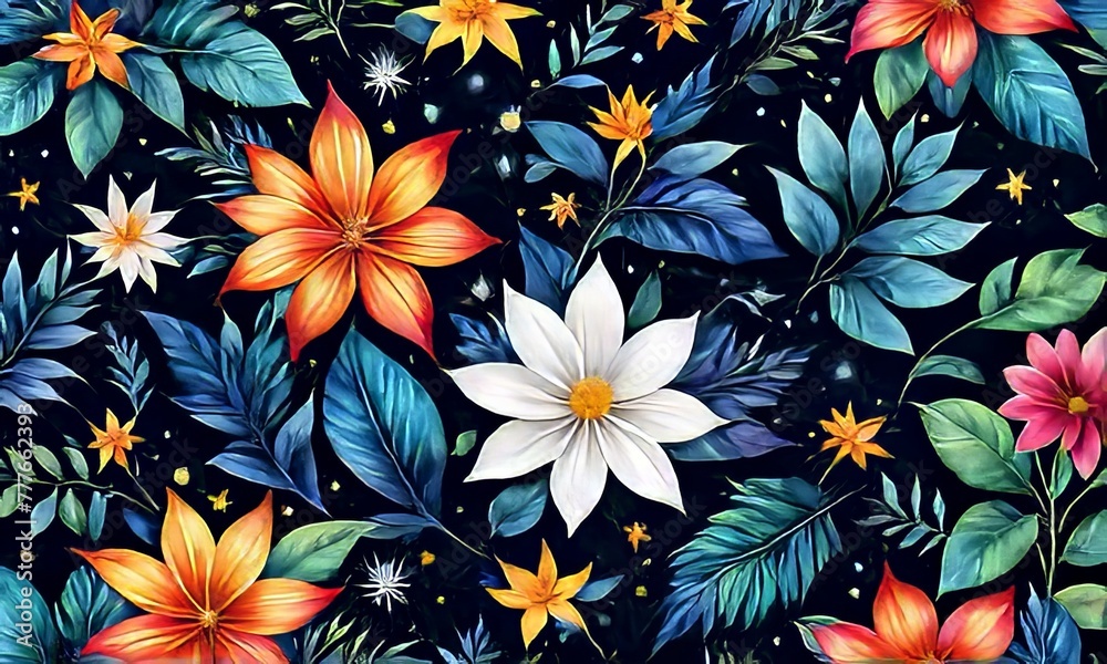Image features striking contrast between vivid colors of flowers, dark backdrop, creating visually appealing, dramatic composition. For interior design, textiles, clothing, gift wrapping, web design. Image features striking contrast between vivid colors of flowers, dark backdrop, creating visually appealing, dramatic composition. For interior design, textiles, clothing, gift wrapping, web design.