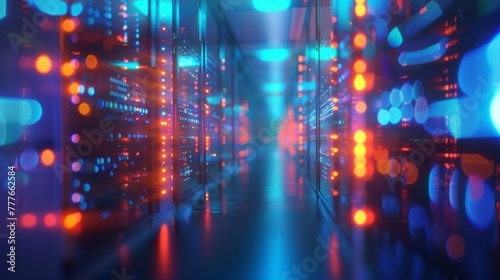 A computer server room with a blue background and orange lights © Nathamanee