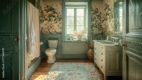 An elegant powder room with walls lined in a two-color floral study wallpaper, a soft-edged floral pattern on the shower curtain, and hand towels hanging that have delicate ink and soak floral motifs