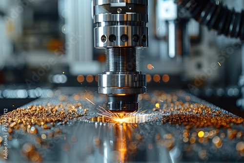 High definition photo of an industrial cnc machine operating on the table, with sparks flying and metal pieces floating in front of it. Created with Ai photo
