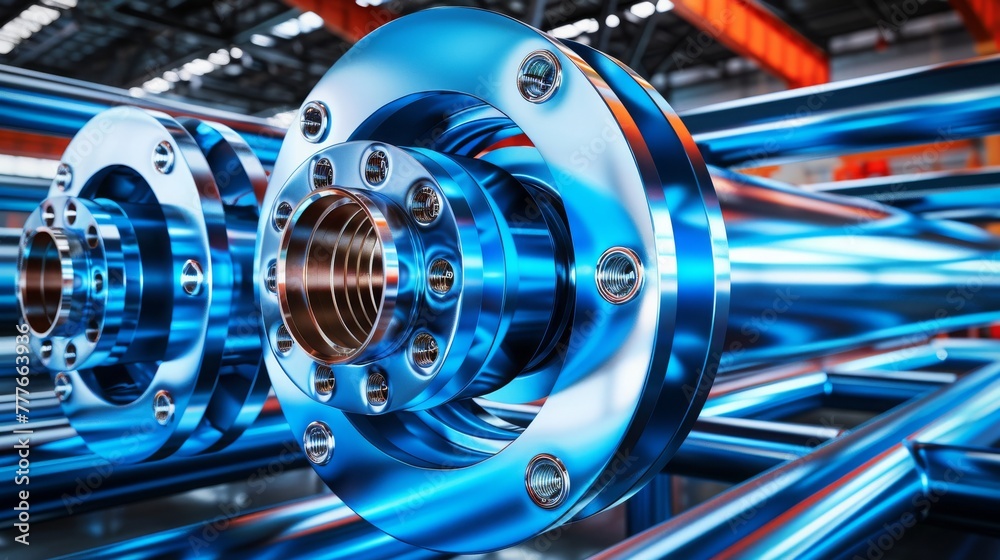 Metal pipe connection flanges in factory, steel pipelines in a factory. Industry background Metal pipe connection flanges in factory, steel pipelines in a factory. Industry background
