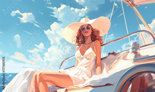 Beautiful women relax on luxury yacht in summer, illustration generated ai 