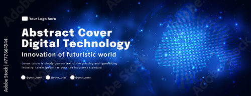 Digital technology poster cover  World map space blue background  cyber information  abstract communication  innovation future tech data  internet network connection  Ai big data  illustration vector