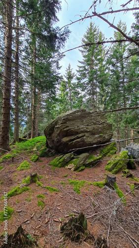 Moss overgrown rock formation in idyllic forest of Lavanttal Alps, South Styria, Austria, Europe. Remote alpine landscape in Austrian Alps on cloudy day. Hiking in wilderness. Peace of mind