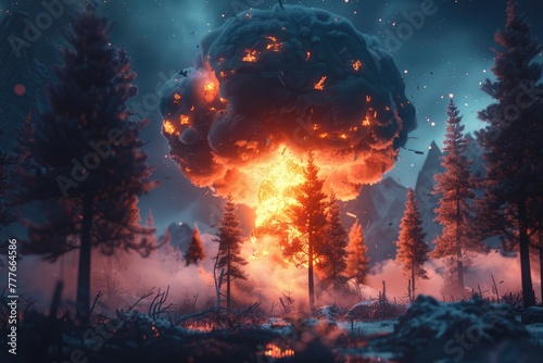 Nuclear blast in forest. Fire mushroom cloud. Atomic bomb explosion. Deserted land. Apocalypse, world war. AI Generated © EarthWalker