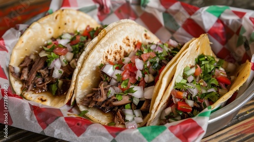 Savory Shredded Beef Tacos with Fresh Pico de Gallo and Cilantro in Grilled Tortillas on Checkered Paper