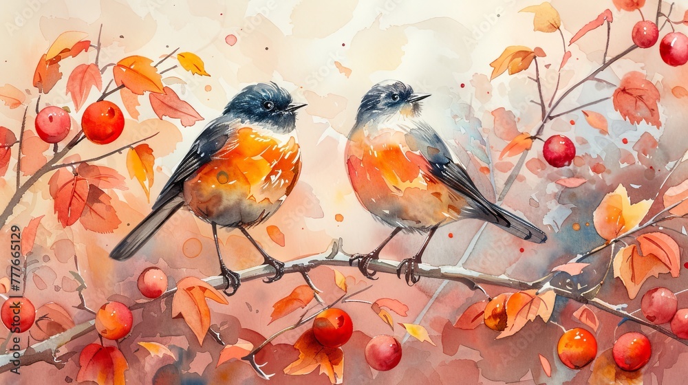 Animated autumn background with birds