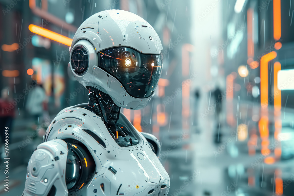 futuristic robot in a rainy urban environment with neon lights futuristic robot in a rainy urban environment with neon lights