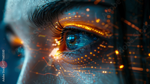 an eye with digital circuitry patterns, symbolizing the integration between machine learning and human vision in AI technology.