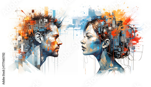 Ai, artificial intelligence grunge art illustration of a man and a womans silhouettes with exploding brains