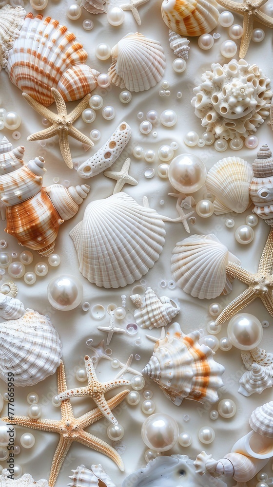 seashells, pearls, and beads meticulously arranged to form an intricate pattern, evoking the serene ambiance of the ocean bottom in a detailed and realistic texture. seashells, pearls, and beads meticulously arranged to form an intricate pattern, evoking the serene ambiance of the ocean bottom in a detailed and realistic texture.