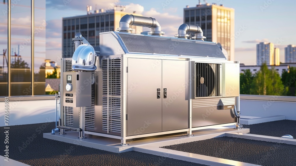 Industrial air conditioning unit with large fan and pipes on a building rooftop. Industrial air conditioning unit with large fan and pipes on a building rooftop.
