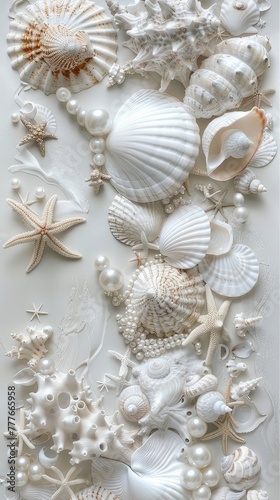 seashells, pearls, and beads meticulously arranged to form an intricate pattern, evoking the serene ambiance of the ocean bottom in a detailed and realistic texture.