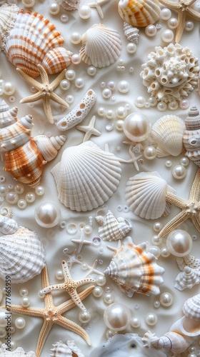 seashells, pearls, and beads meticulously arranged to form an intricate pattern, evoking the serene ambiance of the ocean bottom in a detailed and realistic texture.