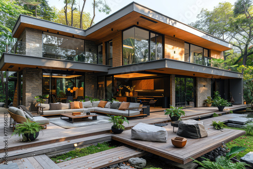 A modern two-story house in the woods with an open living room, dining area and kitchen on each floor. Created with Ai