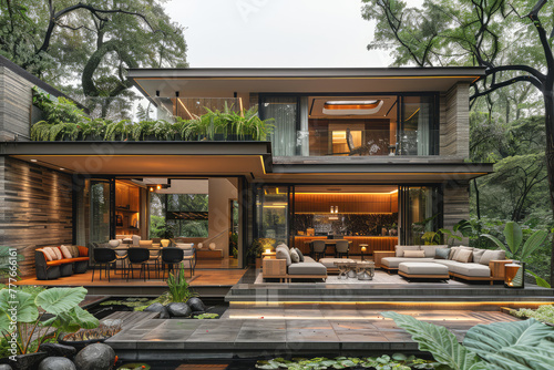 A modern house in the middle of the forest, with many plants and water features on the first floor, a wooden material facade, the living room open to a garden terrace with a sofa seating area. 