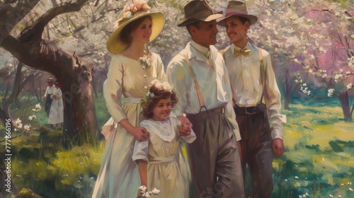 An art piece depicting a family enjoying a day at the park, walking under the sun hats and trees, surrounded by green grass. A fun outdoor recreation event in a beautiful landscape AIG42E