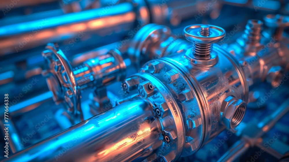 Fototapeta premium Close-up of industrial pipes and valves on blue toned background