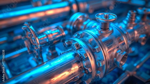 Close-up of industrial pipes and valves on blue toned background