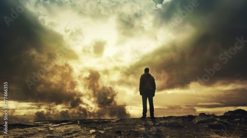 Man Standing on Top of Hill Under Cloudy Sky