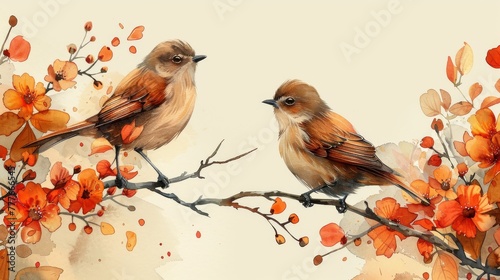 The background is floral with birds and flowers