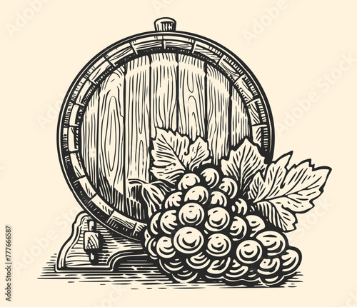 Hand drawn grape and old wooden wine barrel. Oak cask sketch. Vintage vector illustration