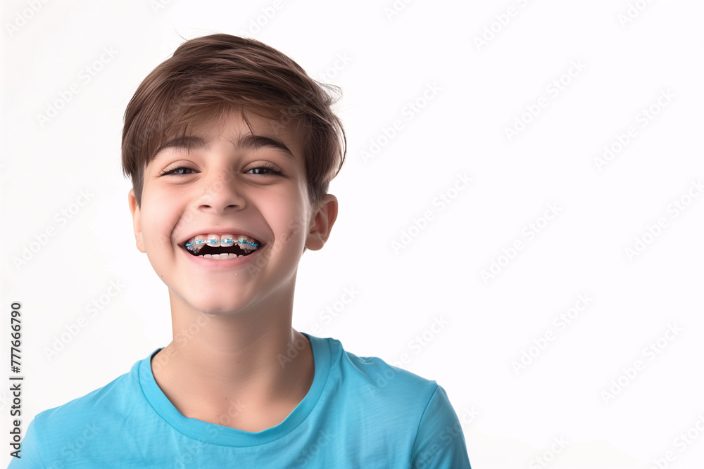 Cheerful Teenager with Braces Smiling on a White Background Cheerful Teenager with Braces Smiling on a White Background