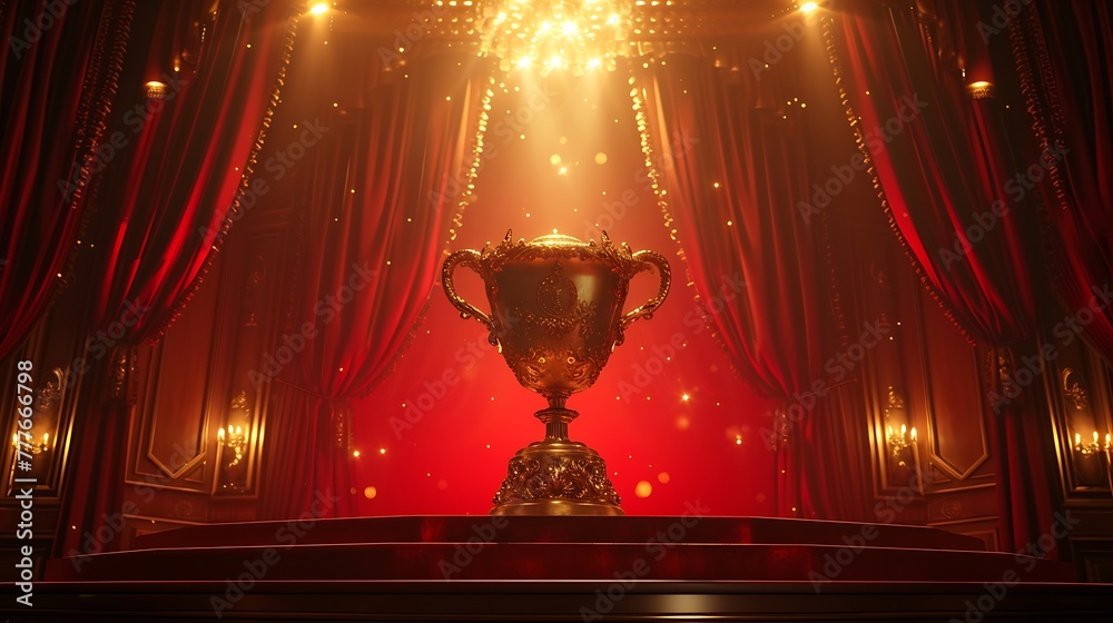 an AI image of an opulent red and gold trophy cup on a stage, surrounded by dazzling lights and a sense of grandeur attractive look - obrazy, fototapety, plakaty 
