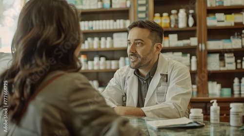 A pharmacist counseling a patient on proper medication usage and potential side effects, providing personalized care and guidance for optimal health outcomes.