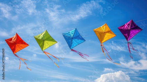 A kite flying against a clear blue sky, is a popular Sinhalese New Year activity. The kites are brightly colored, reflecting the joy and freedom associated with the celebration of new beginnings
