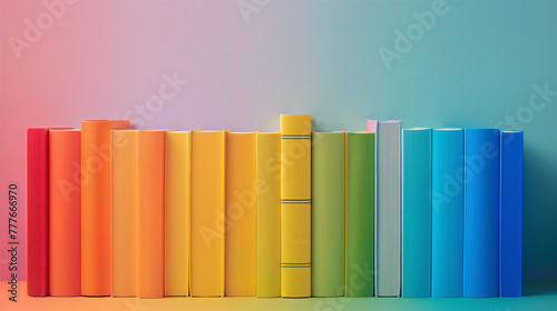 12 identical books with blank spines of different colors arranged in gradient photo