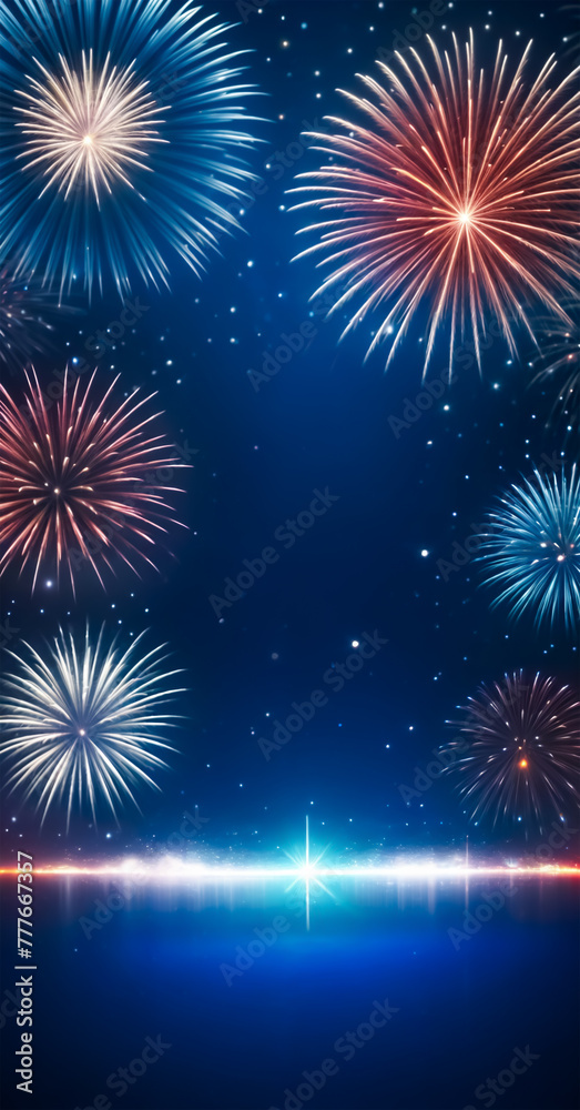 4th of July, USA Independence Day vertical banner in blue, red, and white with stars and fireworks, copy space.