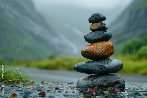 A closeup of a balanced cairn on the edge of mountainous terrain, surrounded by wildflowers and misty mountains in Norway. Created with Ai