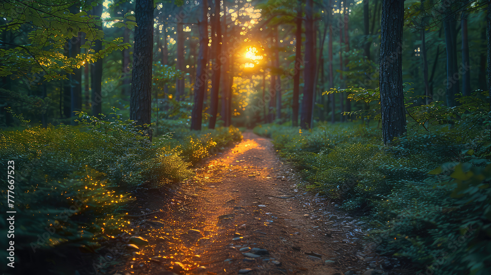 A path leading through the forest, bathed in golden sunlight, with tall trees and lush greenery on either side. Created with Ai