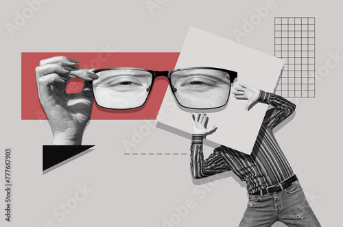 Collage with female hand holding glasses and a man with raised hands