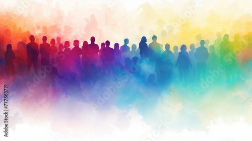 Illustration of crowd of a group of diverse people as silhouettes in rainbow colors, isolated on white background, watercolor ink splash. photo