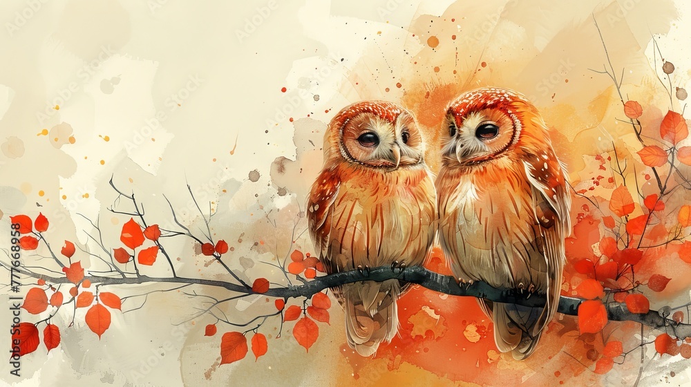 This autumn background features funny owls - obrazy, fototapety, plakaty 