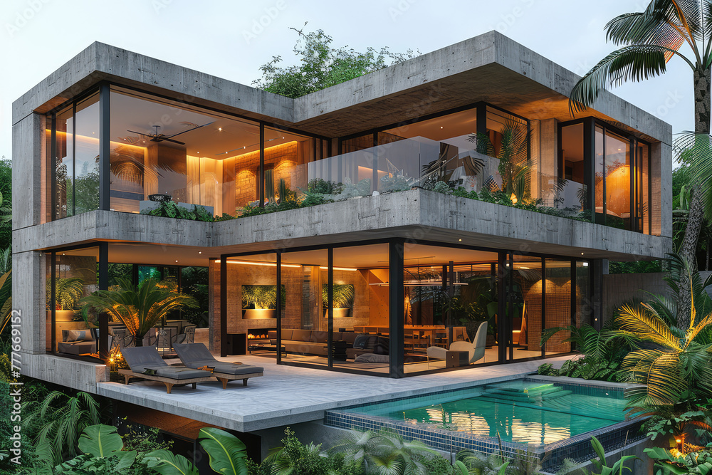 A modern house with glass walls and concrete walls, overlooking a lake in the mountains. Created with Ai