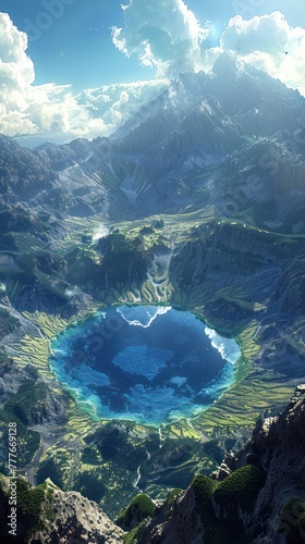 Medium shot of a volcanic crater lake, with annotations on the types of hyperthermophiles that could inhabit such acidic waters photo