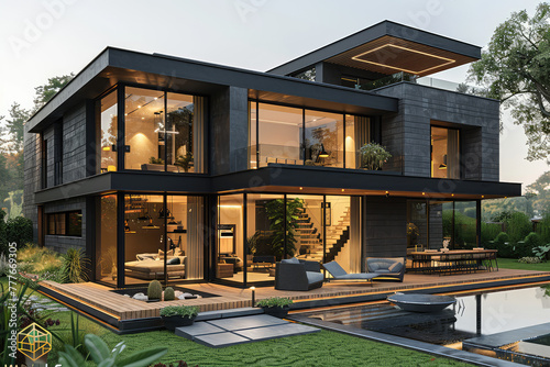 A three-story modern house with a black facade, glass windows and a terrace on the first floor overlooking a green lawn and swimming pool in front. Created with Ai