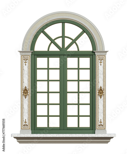 Elegant traditional window with green wooden frames, white marble columns, and ornate details on transparent