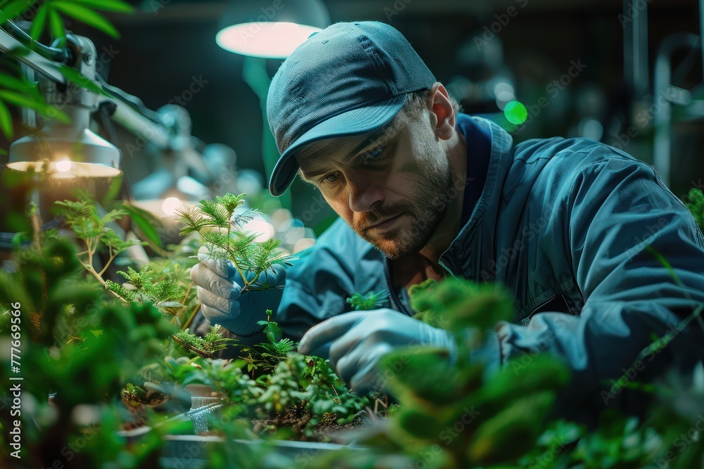 Fototapeta premium Medium shot of a plant biologist grafting branches, exploring the regenerative capabilities of eukaryotic plant cells